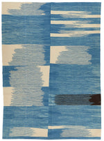 7x11 Blue and Ivory Turkish Tribal Rug