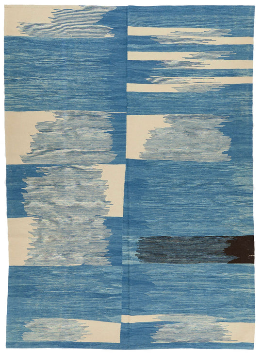 7x11 Blue and Ivory Turkish Tribal Rug