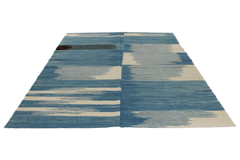 7x11 Blue and Ivory Turkish Tribal Rug