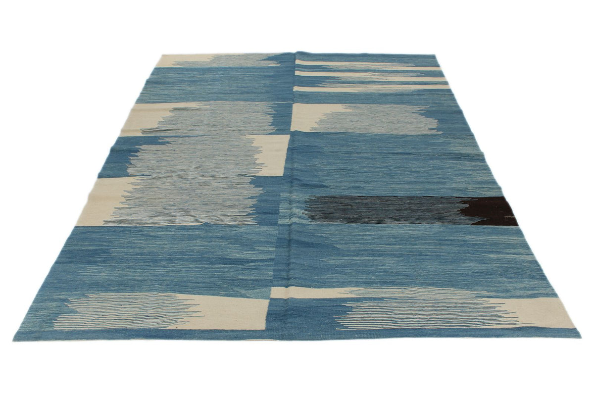 7x11 Blue and Ivory Turkish Tribal Rug