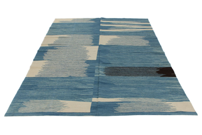 7x11 Blue and Ivory Turkish Tribal Rug