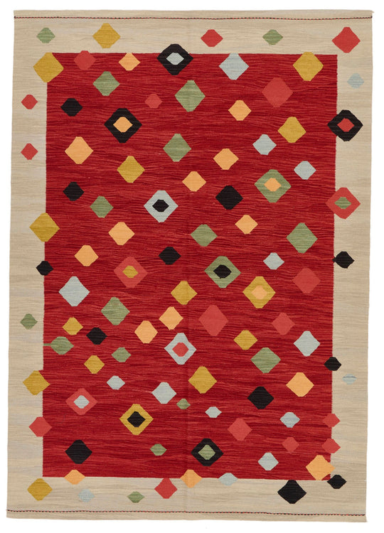 6x8 Red and Ivory Turkish Tribal Rug