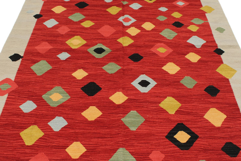 6x8 Red and Ivory Turkish Tribal Rug