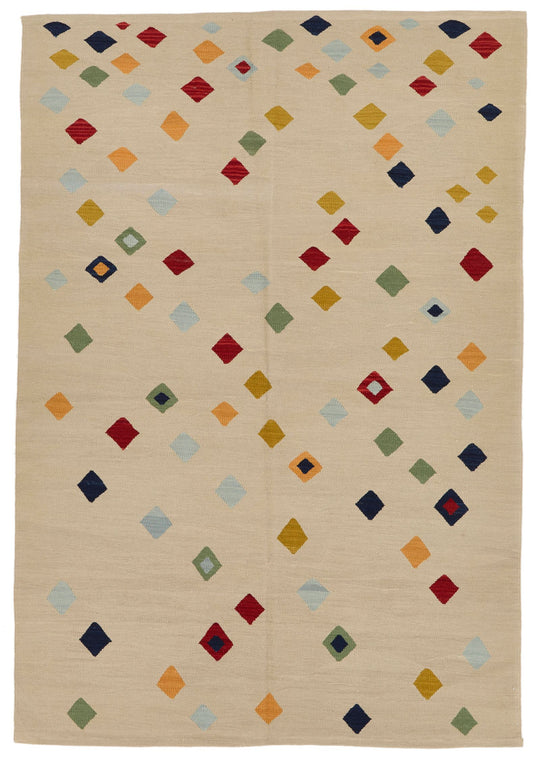 6x8 Ivory and Multicolor Turkish Tribal Rug