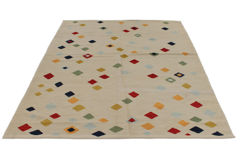 6x8 Ivory and Multicolor Turkish Tribal Rug