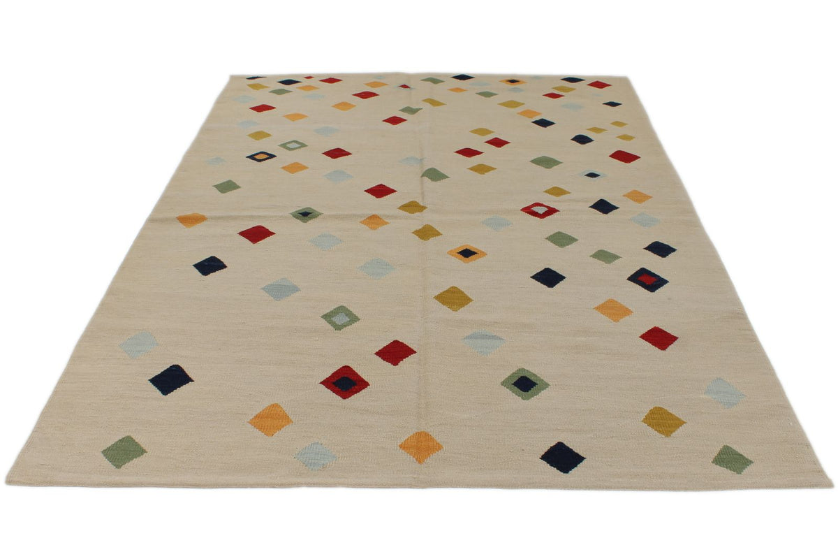 6x8 Ivory and Multicolor Turkish Tribal Rug