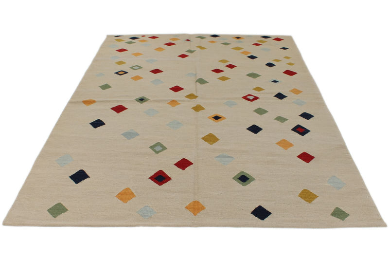 6x8 Ivory and Multicolor Turkish Tribal Rug