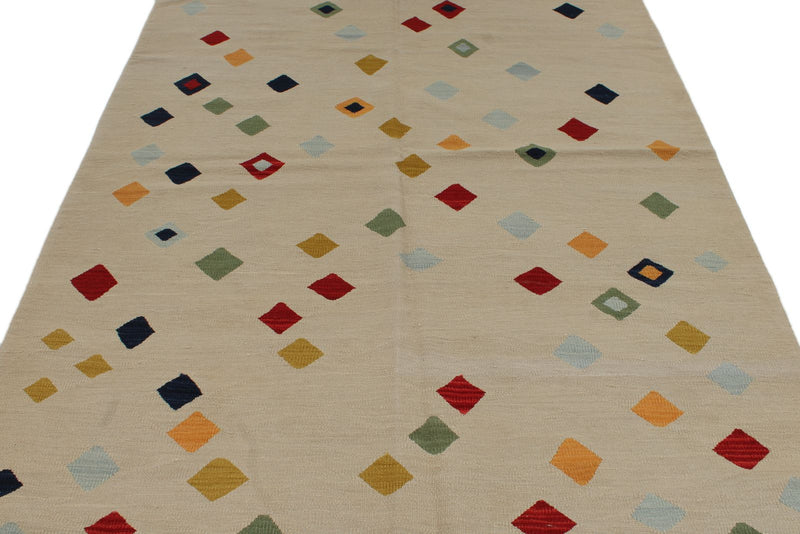 6x8 Ivory and Multicolor Turkish Tribal Rug