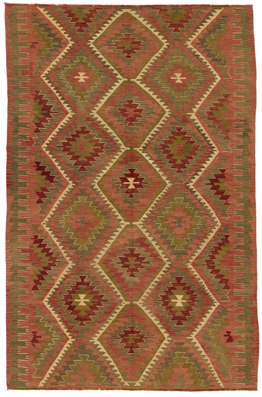 6x9 Green and Multicolor Turkish Tribal Rug