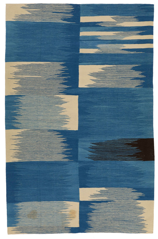 7x11 Blue and White Turkish Tribal Rug