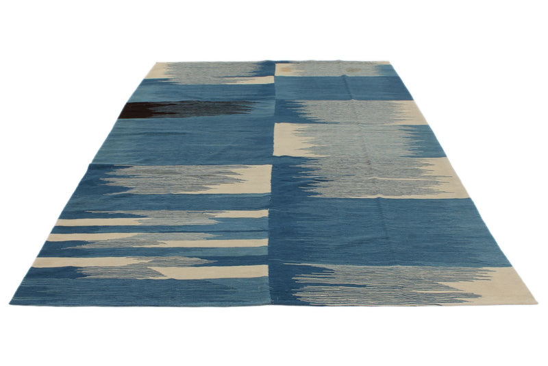 7x11 Blue and White Turkish Tribal Rug
