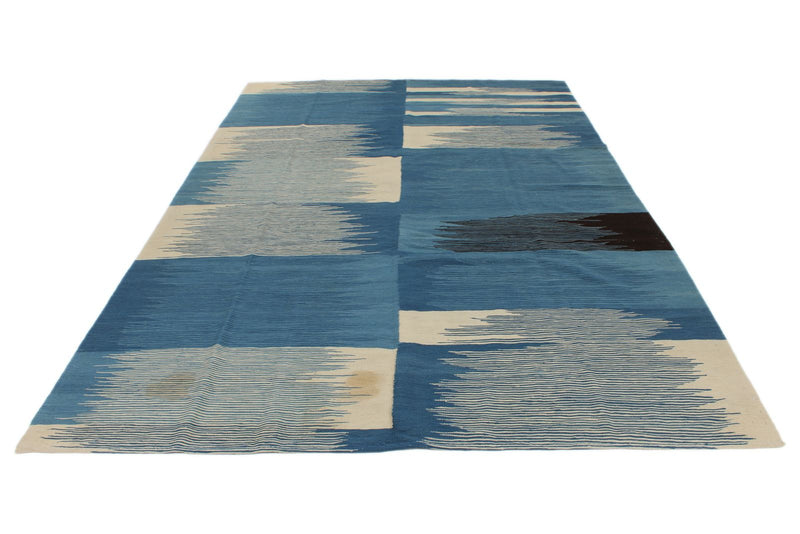 7x11 Blue and White Turkish Tribal Rug