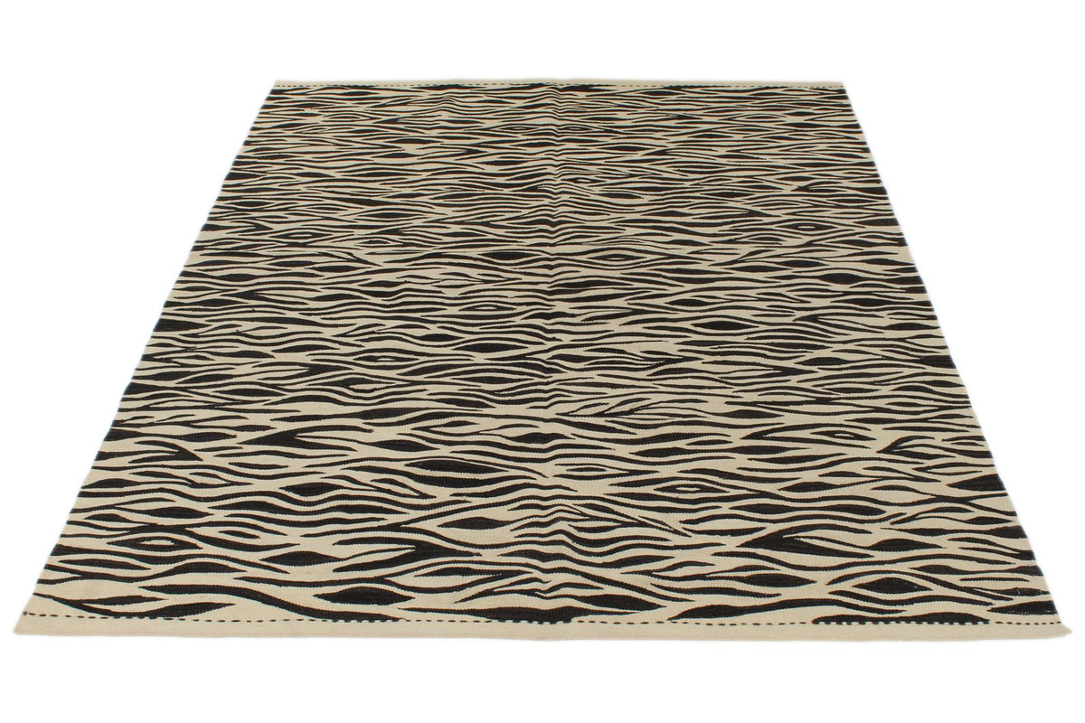 6x8 Black and Ivory Turkish Tribal Rug