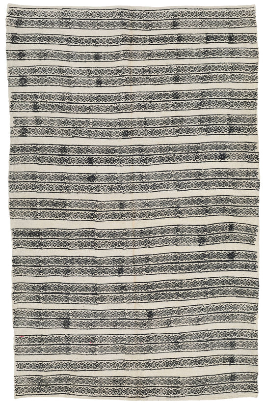 6x9 Ivory and Black Turkish Tribal Rug