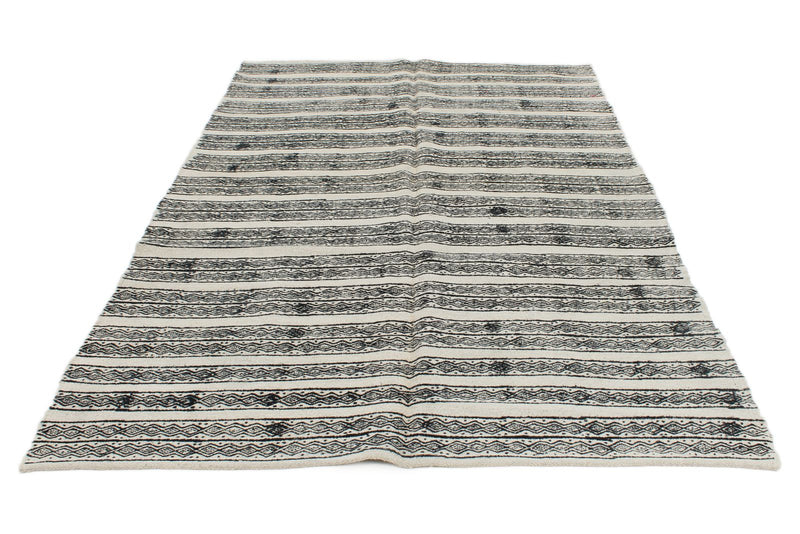 6x9 Ivory and Black Turkish Tribal Rug