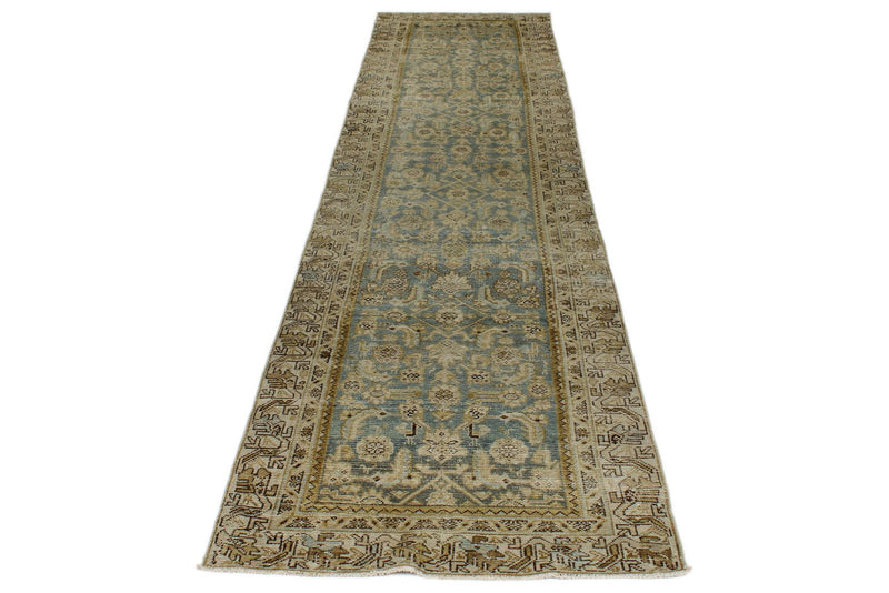 3x13 Light Blue and Ivory Turkish Oushak Runner