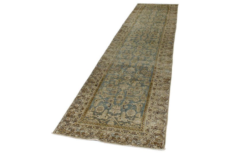 3x13 Light Blue and Ivory Turkish Oushak Runner