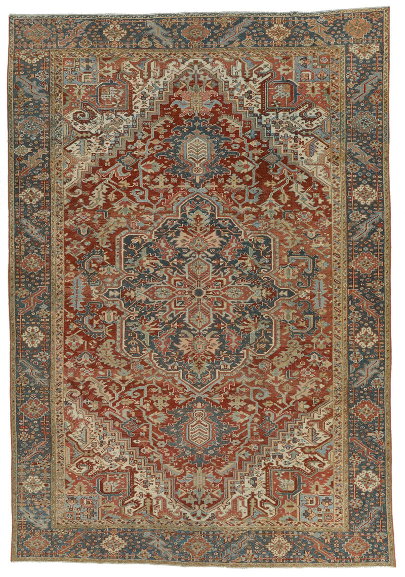 9x13 Red and Light Blue Turkish Oushak Rug