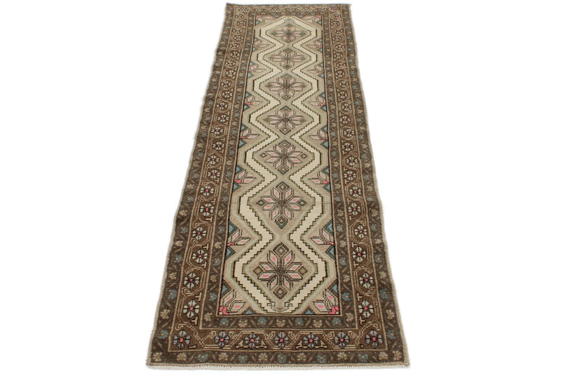 3x9 Ivory and Brown Turkish Persian Runner