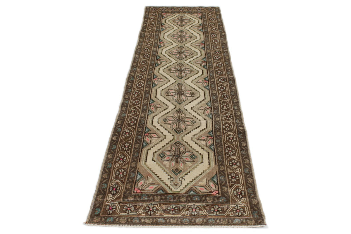 3x9 Ivory and Brown Turkish Persian Runner