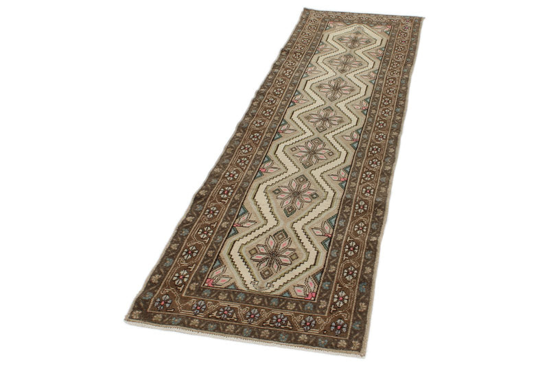3x9 Ivory and Brown Turkish Persian Runner