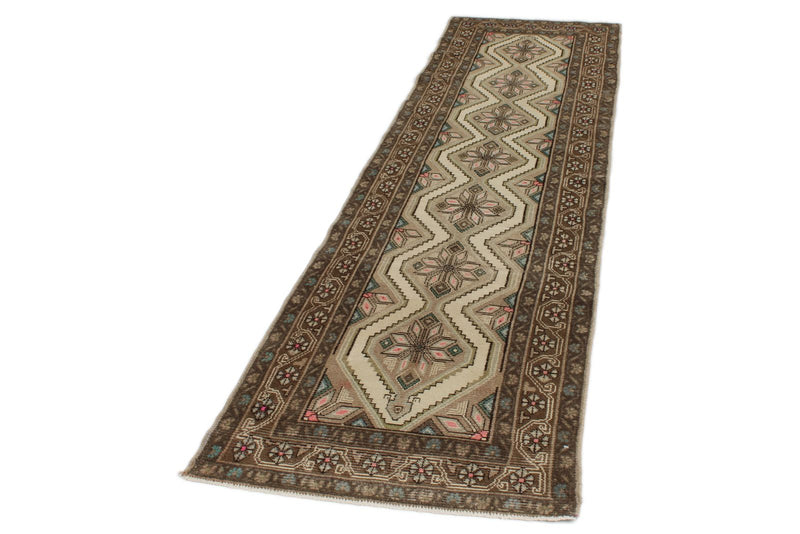 3x9 Ivory and Brown Turkish Persian Runner