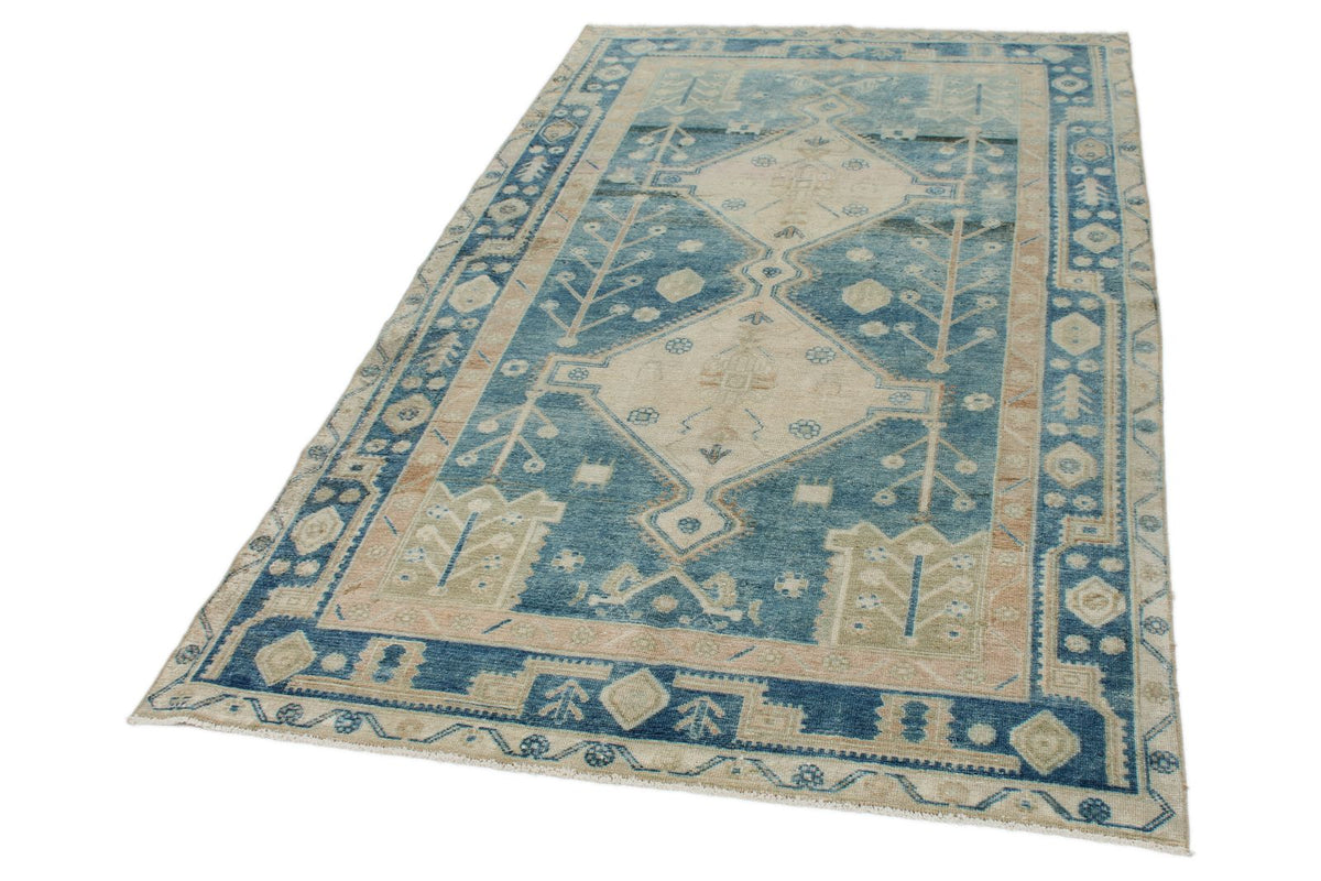 5x7 Ivory and Light Blue Persian Tribal Rug