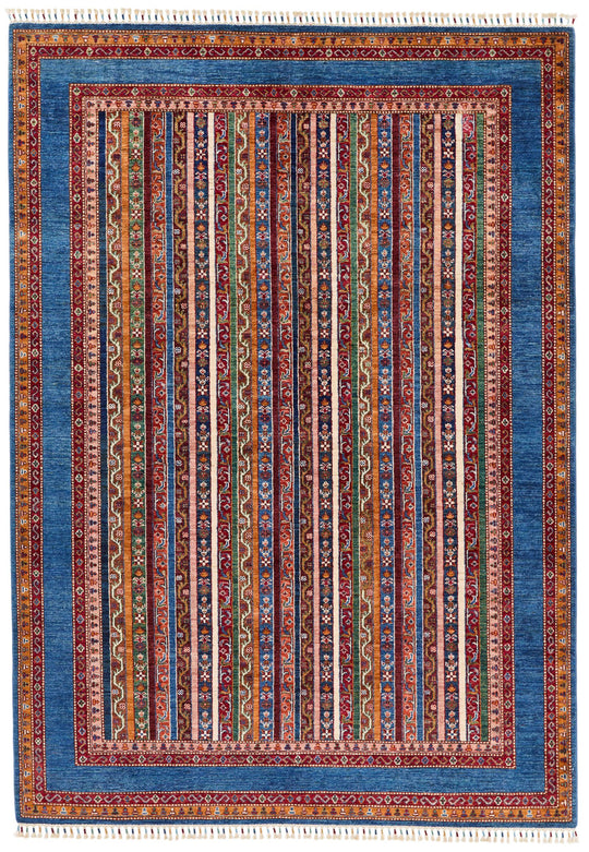 7x10 Blue and Multicolor Turkish Tribal Rug