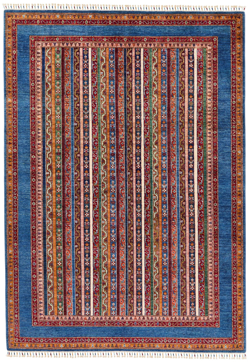 7x10 Blue and Multicolor Turkish Tribal Rug