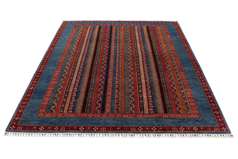 7x10 Multicolor and Blue Turkish Tribal Rug