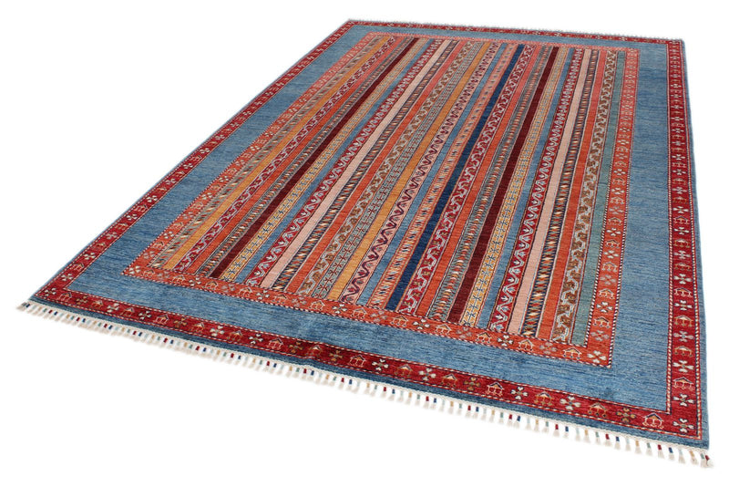 7x10 Multicolor and Blue Turkish Tribal Rug