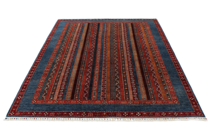 7x10 Blue and Multicolor Turkish Tribal Rug