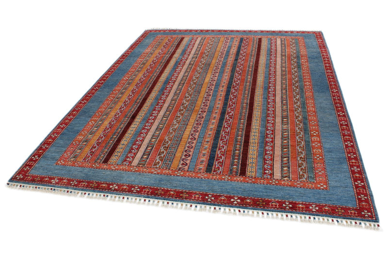 7x10 Blue and Multicolor Turkish Tribal Rug