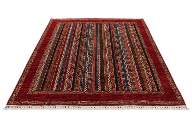 5x8 Multicolor and Red Turkish Tribal Rug