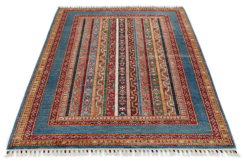 4x6 Multicolor and Blue Turkish Tribal Rug