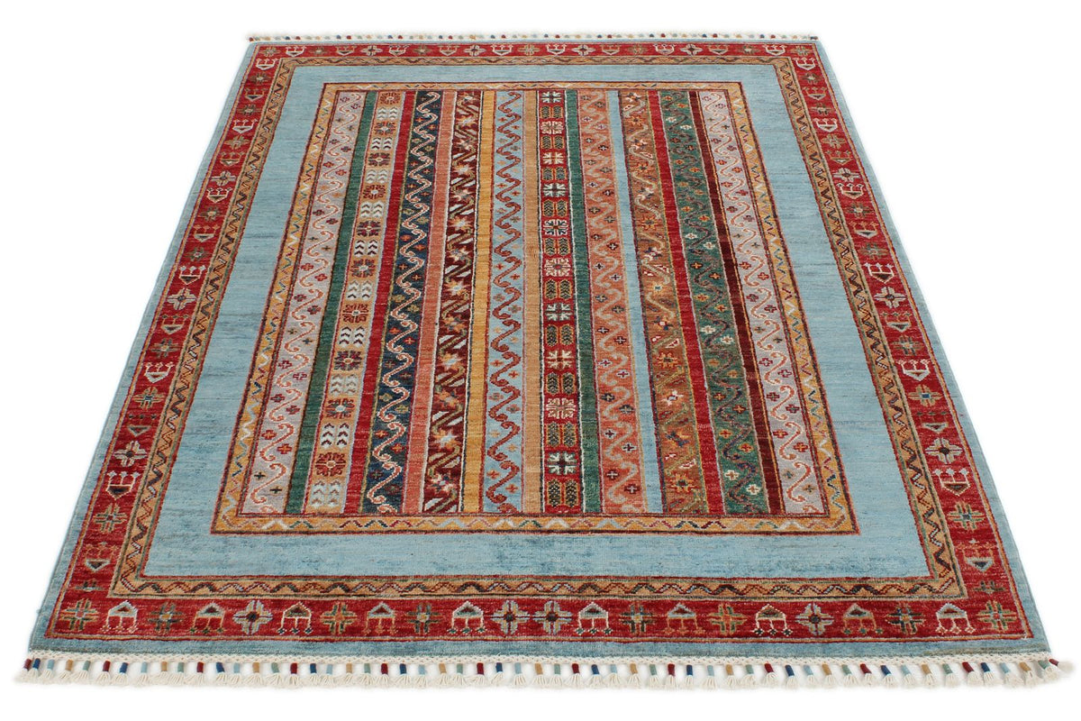 4x6 Multicolor and Blue Turkish Tribal Rug
