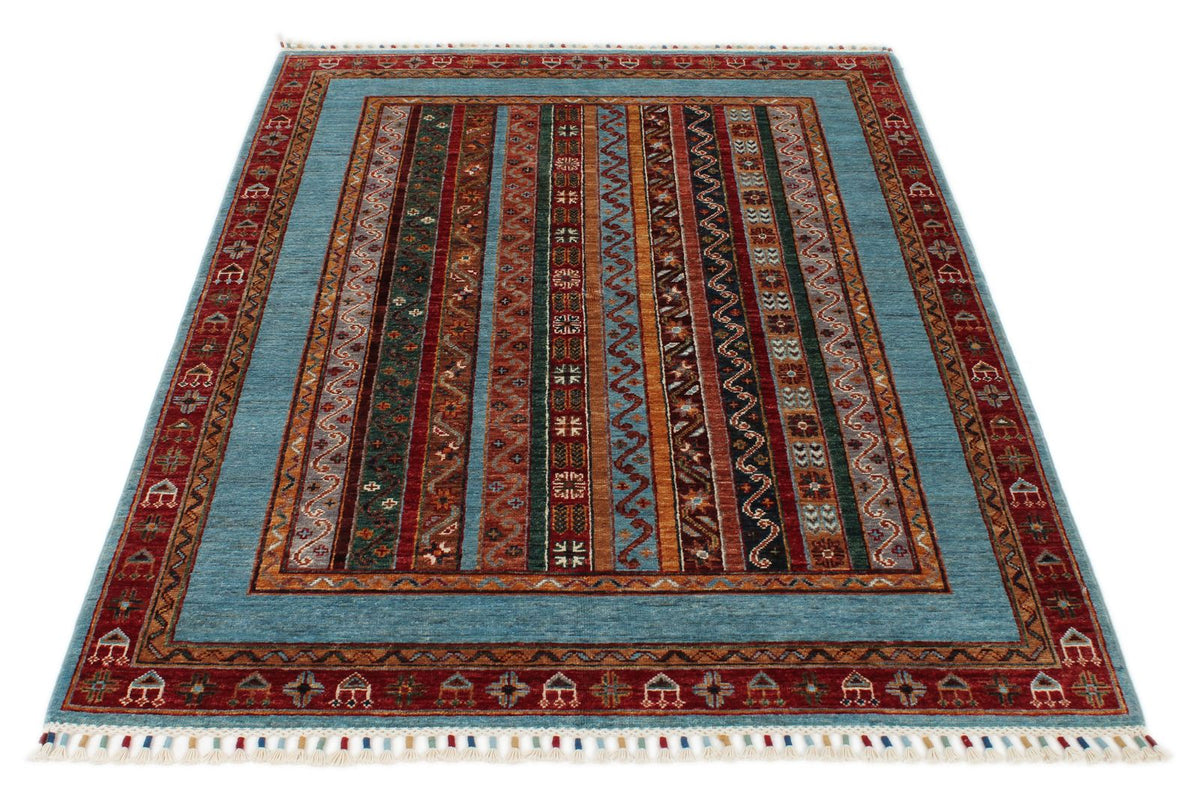 4x6 Multicolor and Blue Turkish Tribal Rug