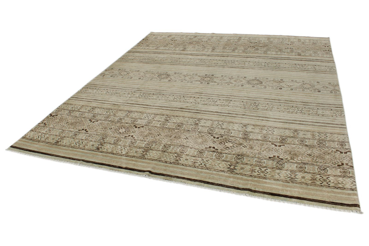 8x10 Ivory and Brown Turkish Tribal Rug