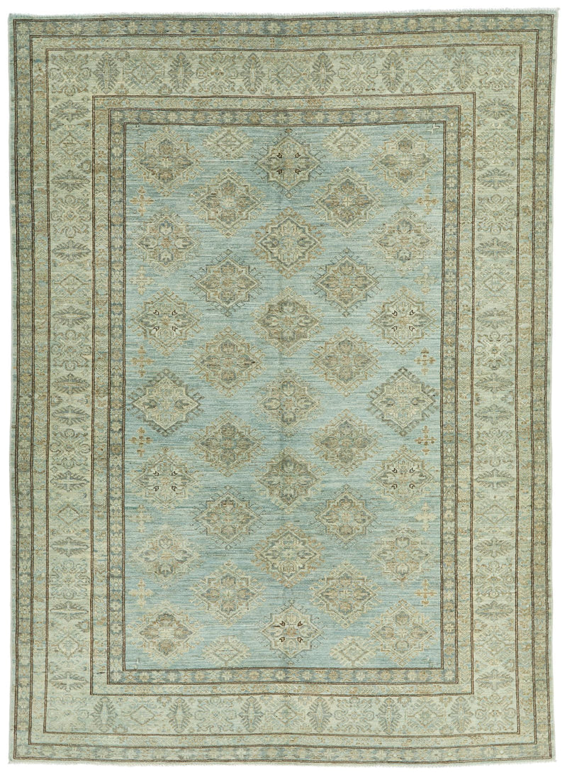 7x10 Light Blue and Ivory Turkish Tribal Rug
