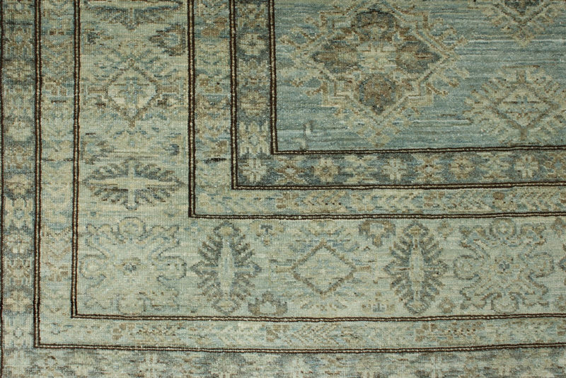 7x10 Light Blue and Ivory Turkish Tribal Rug
