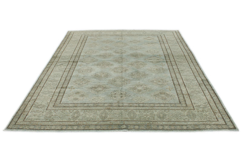 7x10 Light Blue and Ivory Turkish Tribal Rug
