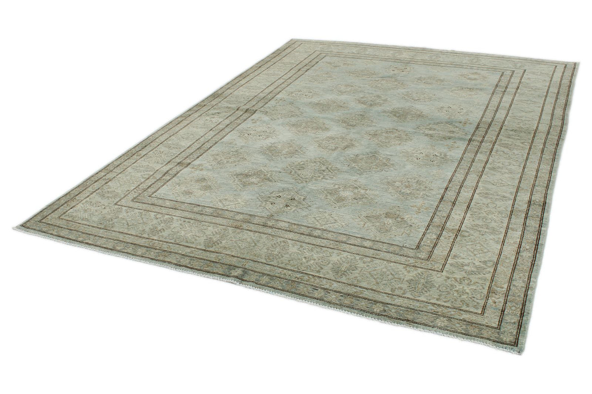 7x10 Light Blue and Ivory Turkish Tribal Rug