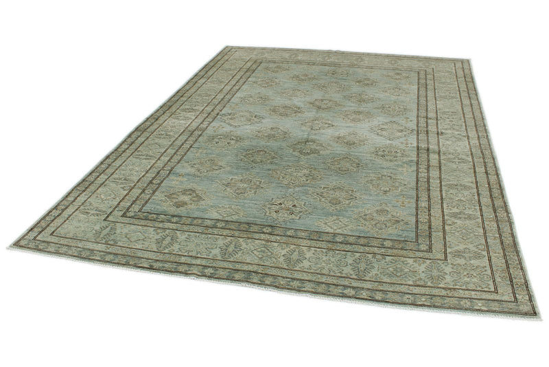 7x10 Light Blue and Ivory Turkish Tribal Rug