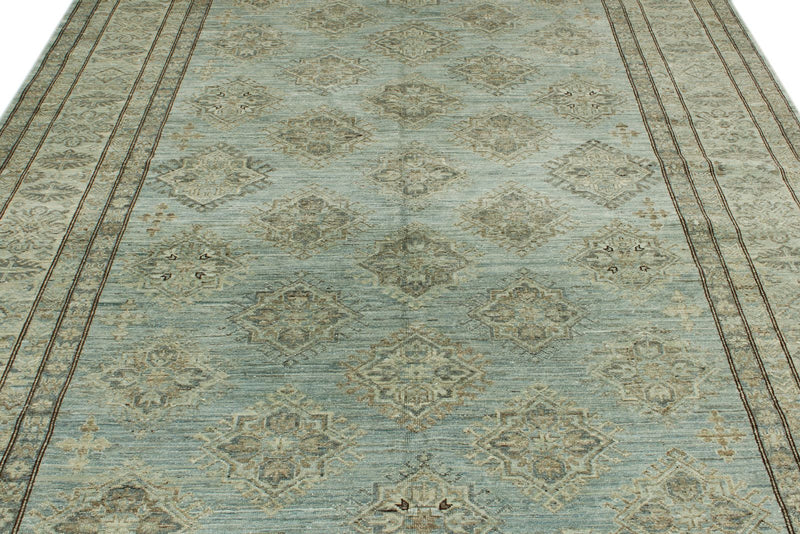 7x10 Light Blue and Ivory Turkish Tribal Rug