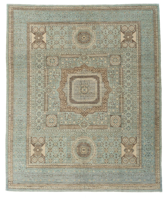 9x10 Light Blue and Ivory Turkish Tribal Rug