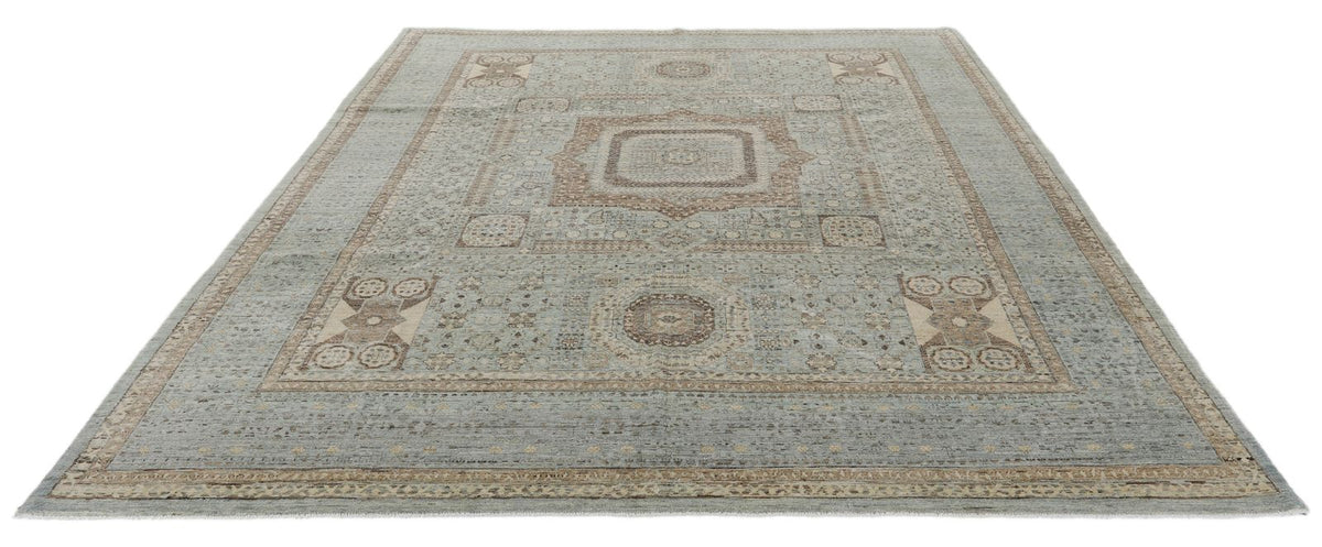 9x10 Light Blue and Ivory Turkish Tribal Rug