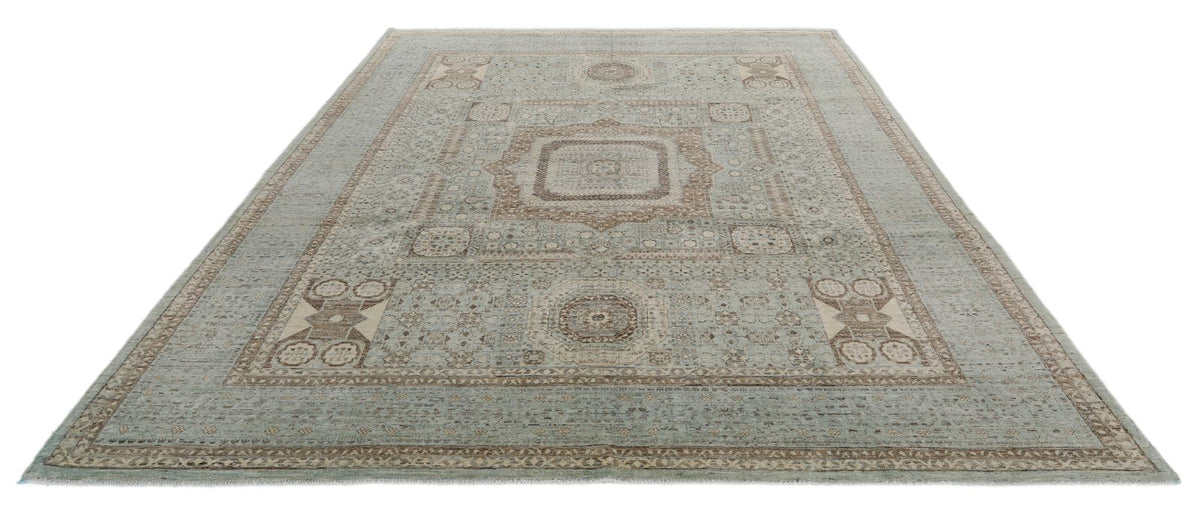 9x10 Light Blue and Ivory Turkish Tribal Rug