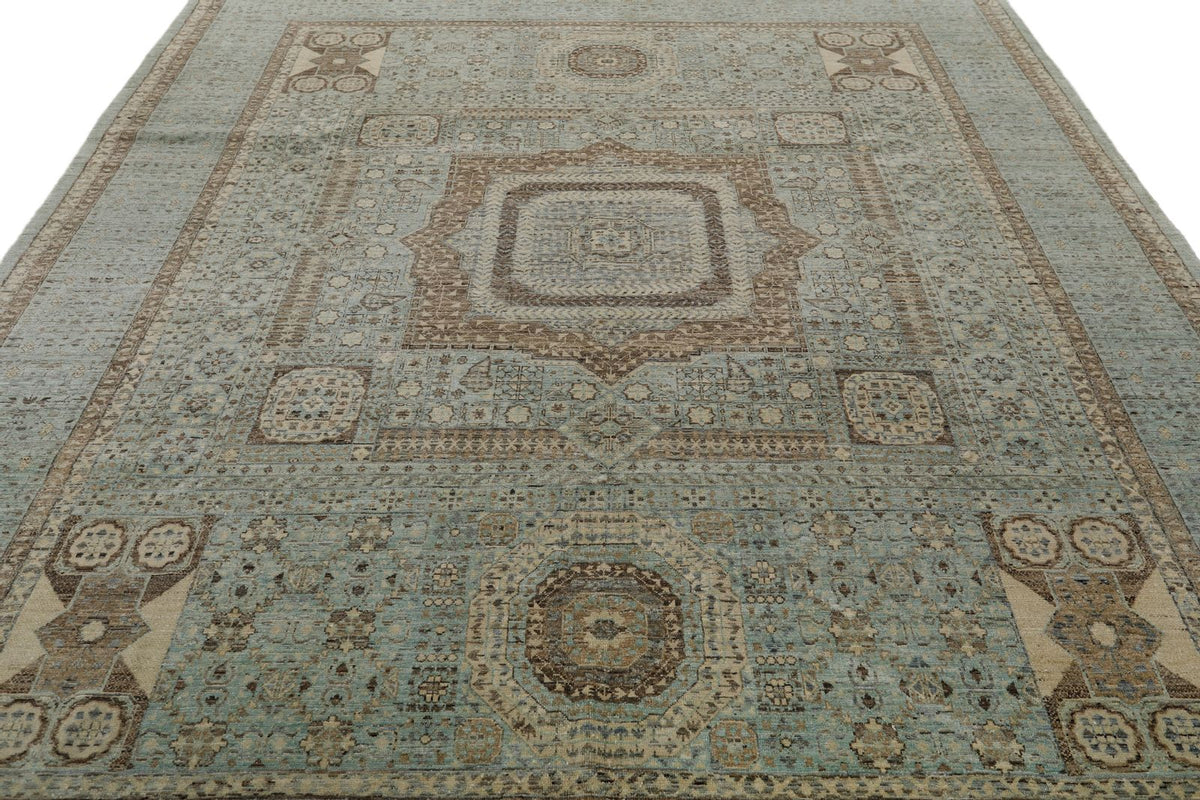 9x10 Light Blue and Ivory Turkish Tribal Rug