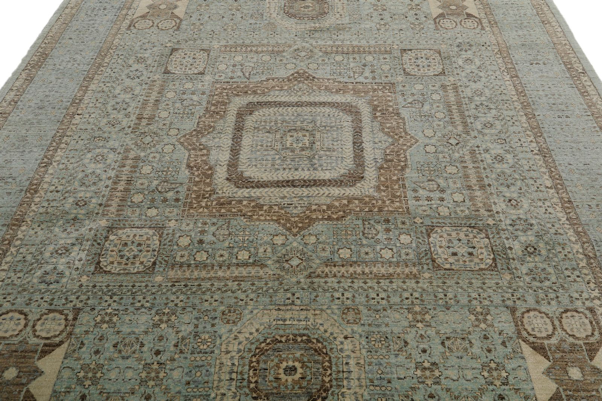 9x10 Light Blue and Ivory Turkish Tribal Rug