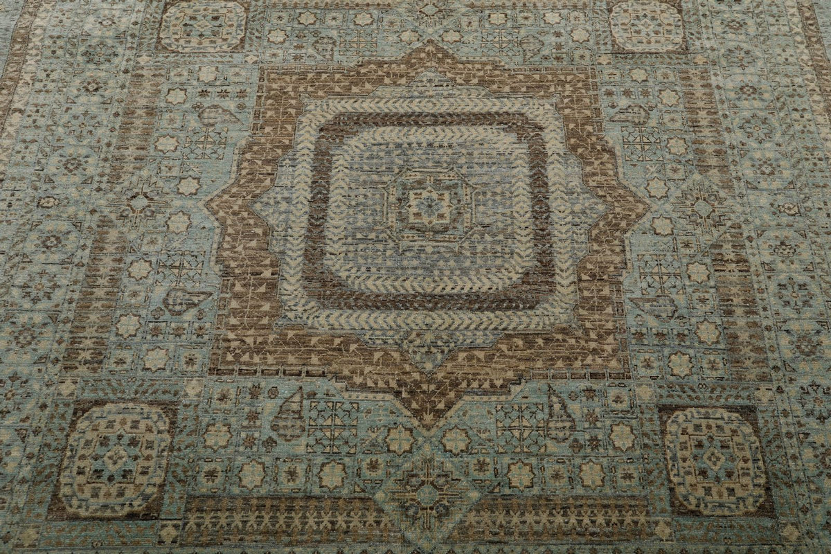9x10 Light Blue and Ivory Turkish Tribal Rug